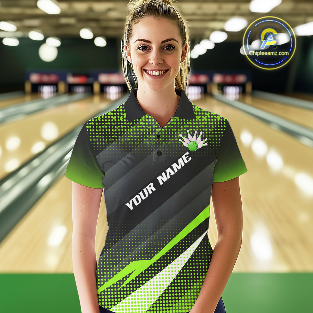 Green Bowling Custom Women Bowling Polo, Quarter zip Shirts Bowling Team Jerseys Bowling Tournament NQS10604