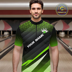 Green Bowling Custom Men Bowling Polo, Quarter zip Shirts Bowling Team Jerseys Bowling Tournament NQS10604