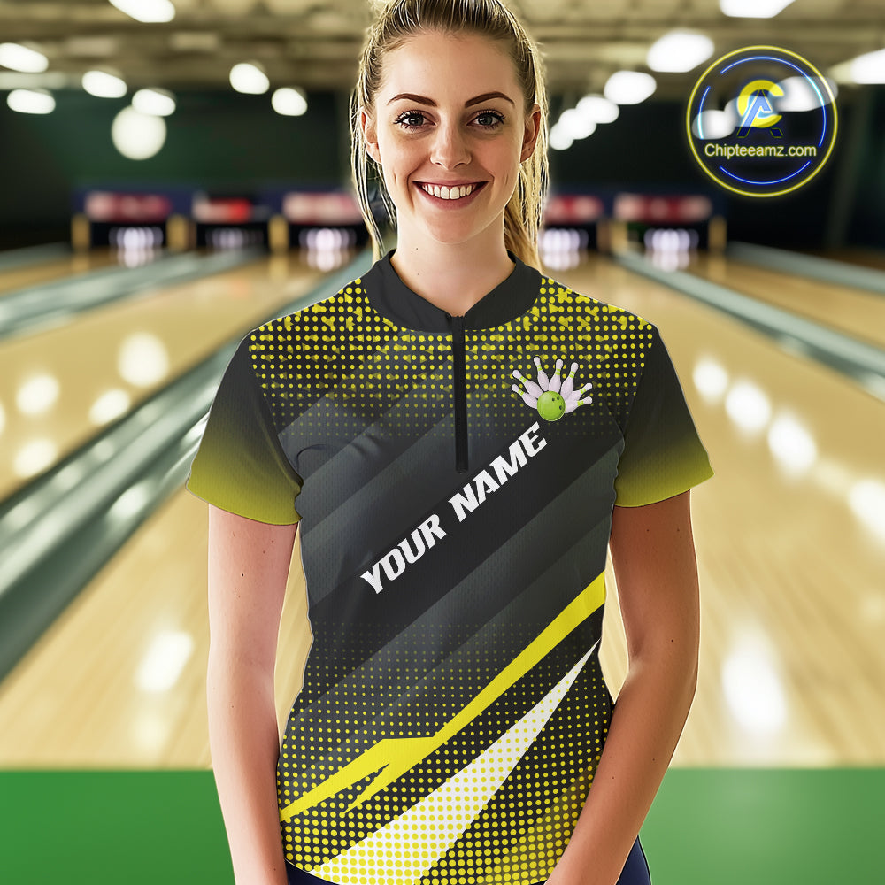 Yellow Bowling Custom Women Bowling Polo, Quarter zip Shirts Bowling Team Jerseys Bowling Tournament NQS10605