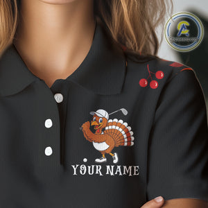 Funny black orange Thanksgiving pattern Golf Polo Shirt For Women custom Turkey golf tops NQS10838