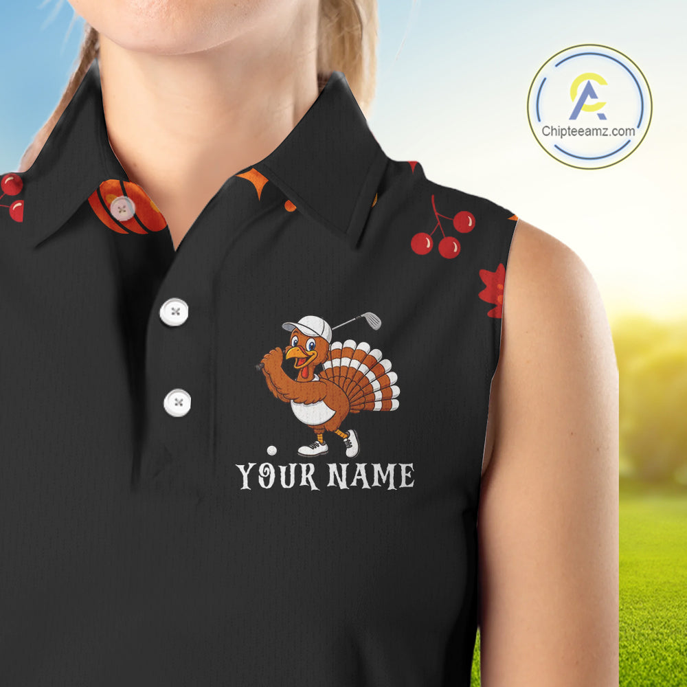 Funny black orange Thanksgiving pattern Sleeveless Golf Polo Shirt For Women custom Turkey golf tops NQS10838