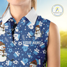 Load image into Gallery viewer, Blue &amp; White Snowman Christmas pattern Sleeveless Golf Polo shirt Custom ladies Christmas golf shirts NQS11004