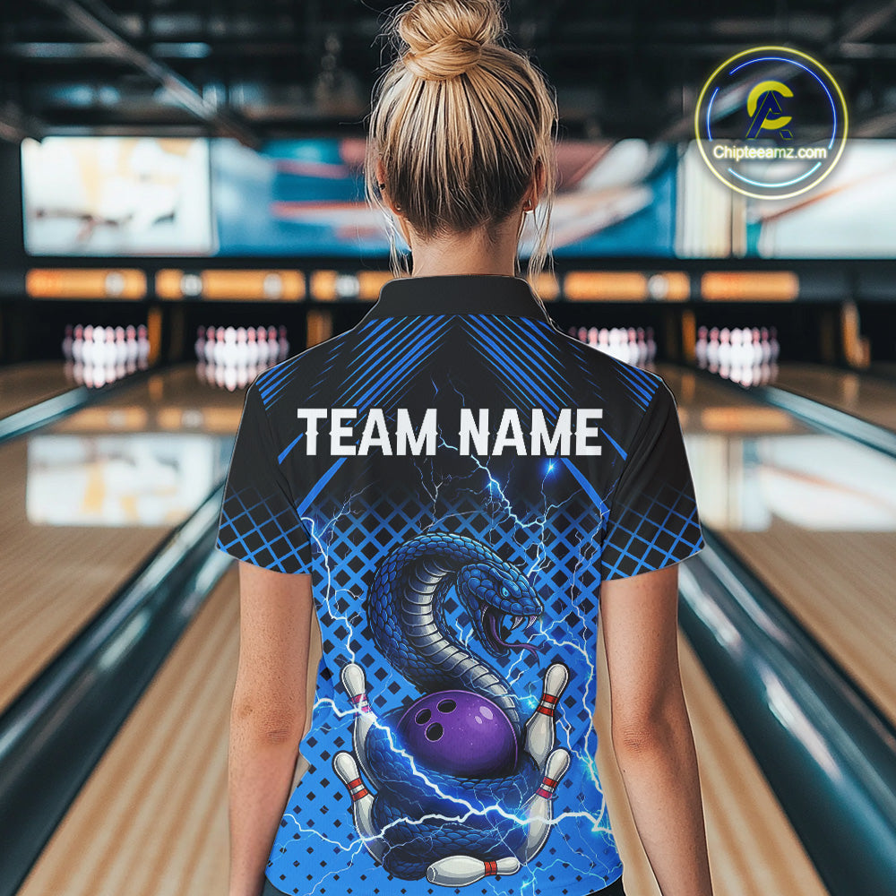 Black & Blue Lightning Thunder Cobra Snake Bowling Shirts For Women Custom Bowling Team League Jersey NQS11006
