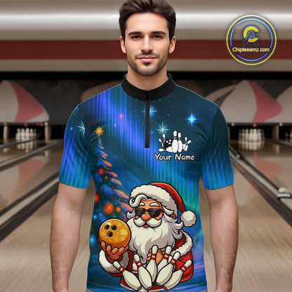 Funny Santa Christmas Bowling Shirts For Men Custom Blue Christmas Night Bowling Team Jersey NQS11010