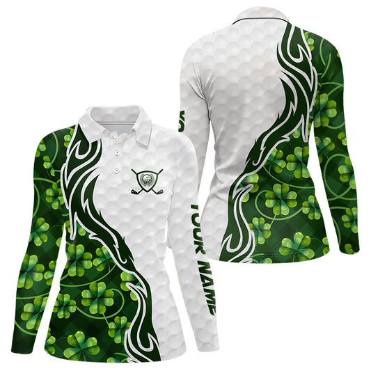 Custom White and Green shamrock pattern Women Golf Polo Shirts, St Patrick's day team ladies golf top NQS11208