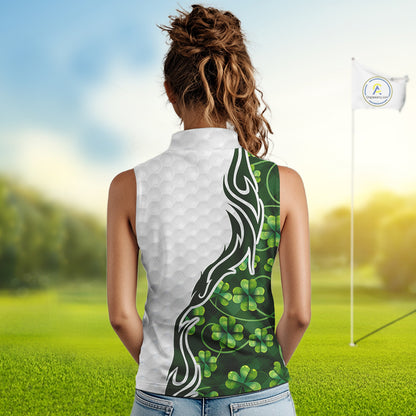 Custom White and Green shamrock pattern Sleeveless Golf Polo Shirts, St Patrick's day ladies golf top NQS11208