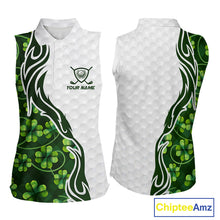 Load image into Gallery viewer, Custom White and Green shamrock pattern Sleeveless Golf Polo Shirts, St Patrick&#39;s day ladies golf top NQS11208