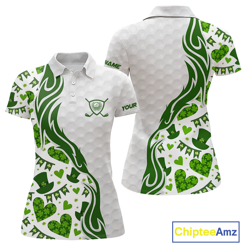 Custom White and Green St Patrick's day pattern Golf Polo Shirts For Women, team ladies golf outfit NQS11209