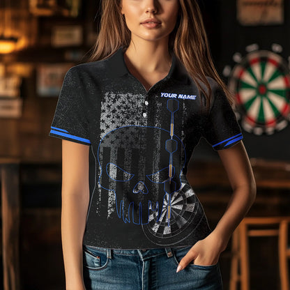 Black & White grunge American Flag Skull Women Darts Shirts Custom patriotic Team Darts Jersey | Blue NQS9343