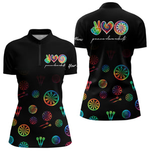 Personalized Colorful tie dye Black Camo Darts Shirts For Women Custom Peace Love Darts Team Jerseys NQS9484