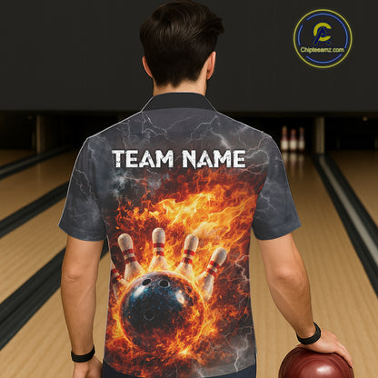 Custom Orange Flame Lightning Thunder Bowling Button-up shirt, bowling team jerseys gift for bowlers NQS11618