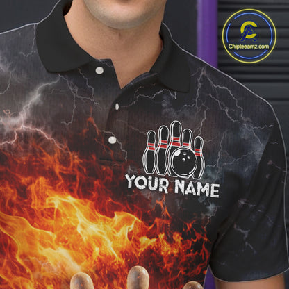 Custom Orange Flame Lightning Thunder Bowling shirts for Men, bowling team jerseys gift for bowlers NQS11618