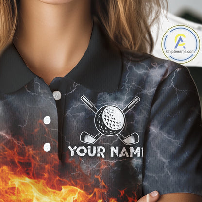 Custom Orange Flame Lightning Thunder Womens Golf Polo Shirt, Golf attire For Ladies Golfing Gifts NQS11619