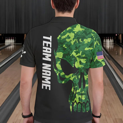 Skull Green Camouflage American Flag Mens Bowling Shirts Custom Patriotic Bowling Team Jerseys For Men NQS9641