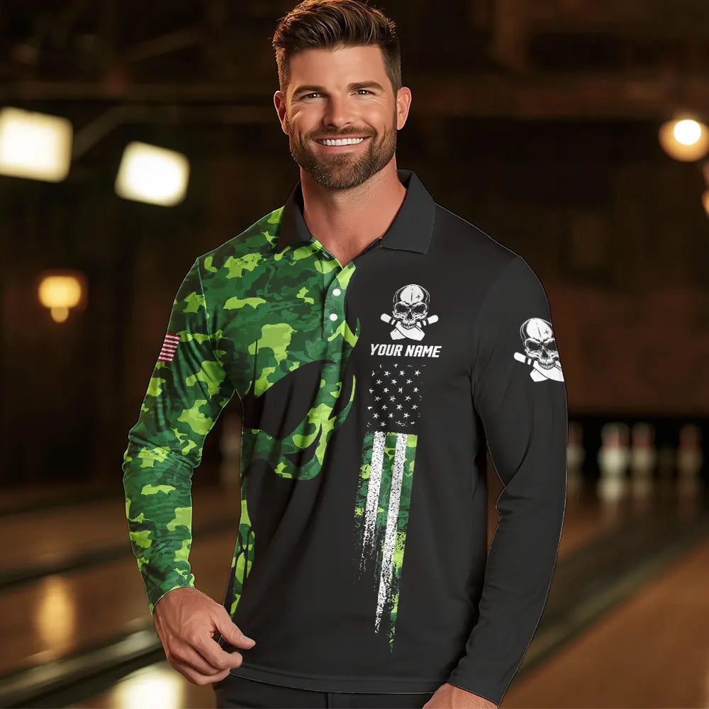 Skull Green Camouflage American Flag Mens Bowling Shirts Custom Patriotic Bowling Team Jerseys For Men NQS9641