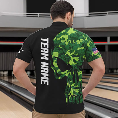 Skull Green Camouflage American Flag Mens Bowling Shirts Custom Patriotic Bowling Team Jerseys For Men NQS9641