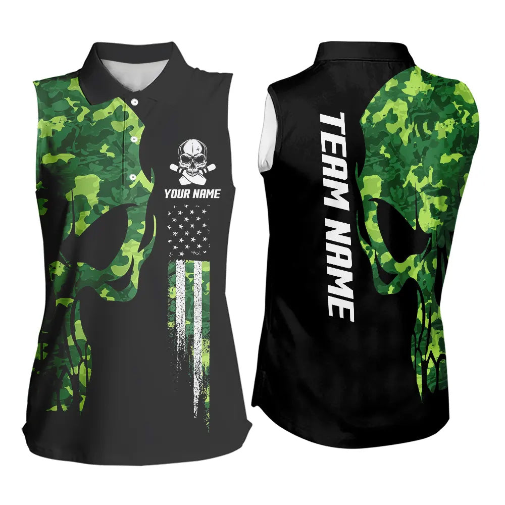 Skull Green Camouflage American Flag Bowling Sleeveless Polos Custom Patriotic Bowling Team Jersey NQS9641