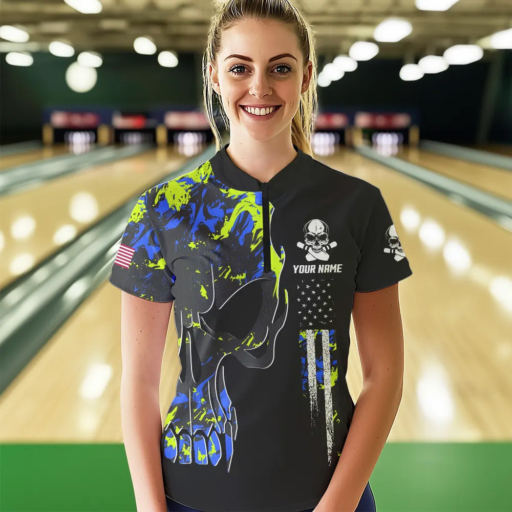 Skull Camouflage American Flag Women Bowling Shirt Custom Patriotic Bowling Ladies Team Jerseys NQS9642