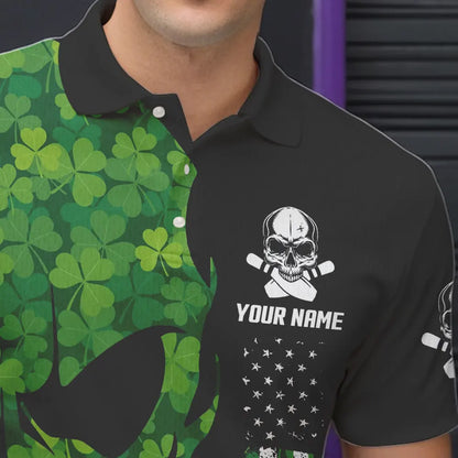Skull Green Clover pattern American Flag Mens Bowling Shirt Custom St Patrick Day Bowling Team Jersey NQS9643
