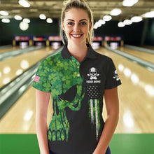 Load image into Gallery viewer, Skull Green Clover pattern American Flag Women Bowling Shirt Custom St Patrick Day Bowling Team Jersey NQS9643