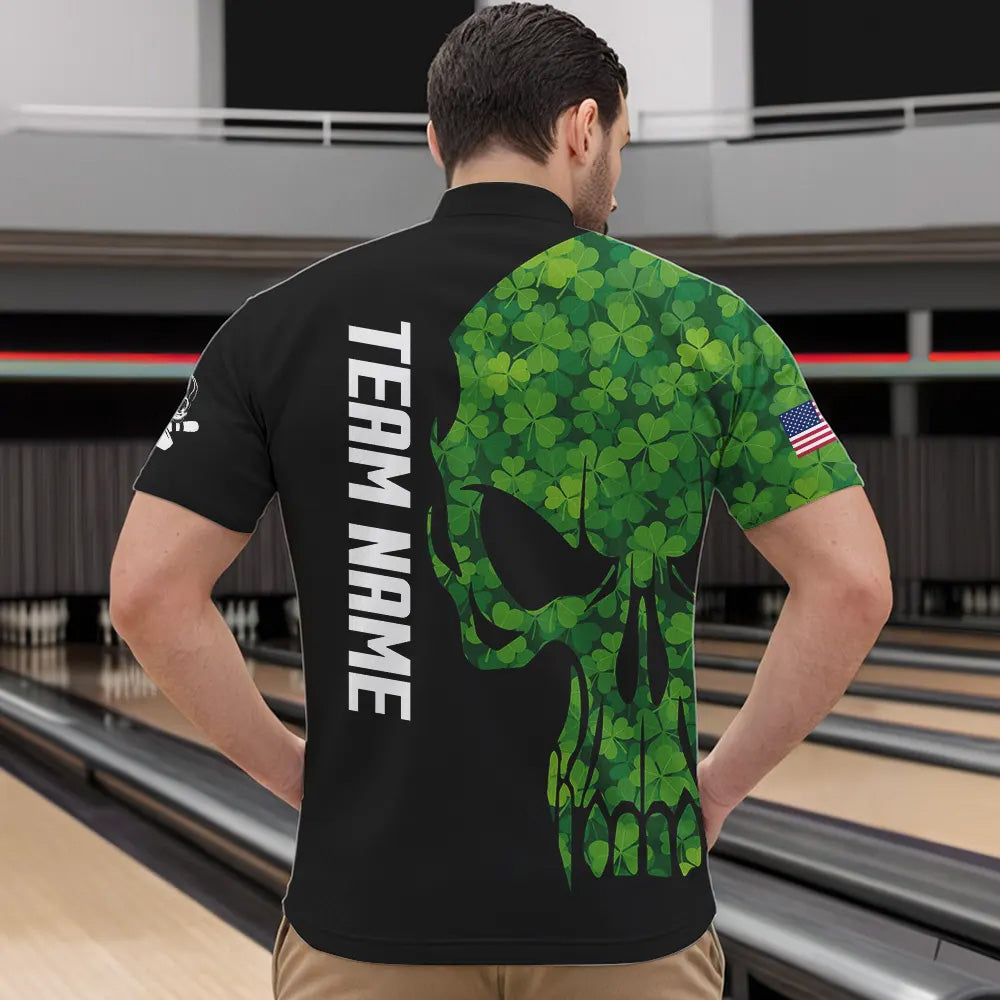 Skull Green Clover pattern American Flag Mens Bowling Shirt Custom St Patrick Day Bowling Team Jersey NQS9643
