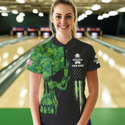 Skull Green Clover pattern American Flag Women Bowling Shirt Custom St Patrick Day Bowling Team Jersey NQS9643