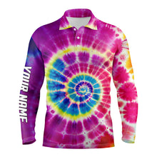 Load image into Gallery viewer, Mens golf polo shirt with colorful spiral tie dye background custom team golf shirts for mens golfers NQS5433