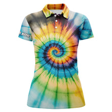 Load image into Gallery viewer, Womens golf polo shirts with colorful swirl tie dye background custom name team golf shirts ladies NQS5434