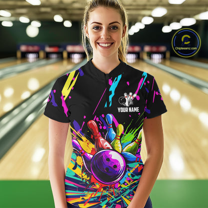 Colorful bowling jerseys Bowling Polo, 1/4 Zip Shirt for Women Custom Bowling Team shirts for bowlers NQS7597