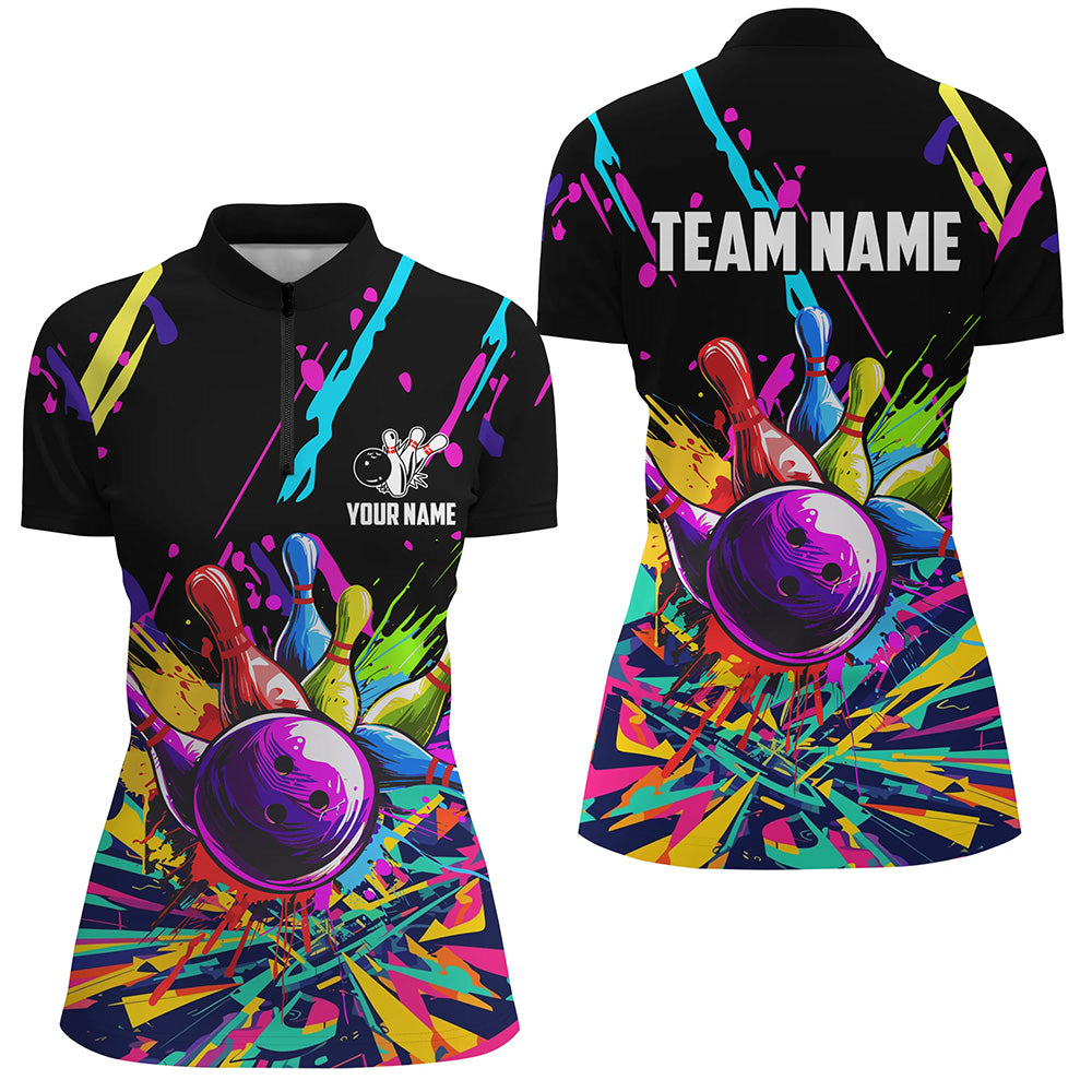 Colorful bowling jerseys Bowling Polo, 1/4 Zip Shirt for Women Custom Bowling Team shirts for bowlers NQS7597