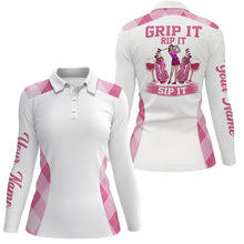 Load image into Gallery viewer, Funny Womens golf polo shirt custom pink argyle grip it rip it sip it, golf tops for ladies | White NQS6112