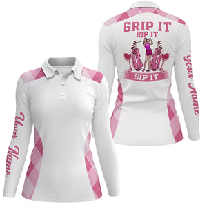 Funny Womens golf polo shirt custom pink argyle grip it rip it sip it, golf tops for ladies | White NQS6112