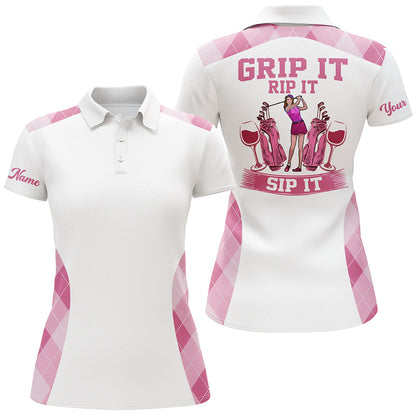 Funny Womens golf polo shirt custom pink argyle grip it rip it sip it, golf tops for ladies | White NQS6112