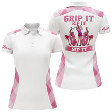 Load image into Gallery viewer, Funny Womens golf polo shirt custom pink argyle grip it rip it sip it, golf tops for ladies | White NQS6112