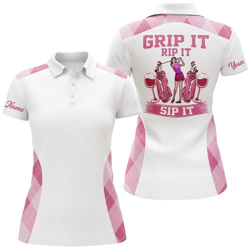 Funny Womens golf polo shirt custom pink argyle grip it rip it sip it, golf tops for ladies | White NQS6112