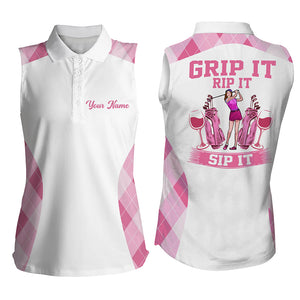 Funny Women sleeveless polo shirt custom pink argyle grip it rip it sip it, ladies golf tops | White NQS6112