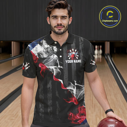 Black Texas flag smoke Men Bowling Polo, Quarter Zip shirt Custom Patriotic Team Bowling Jersey NQS10402