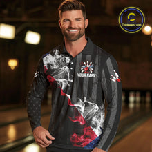 Load image into Gallery viewer, Black Texas flag smoke Men Bowling Polo, Quarter Zip shirt Custom Patriotic Team Bowling Jersey NQS10402