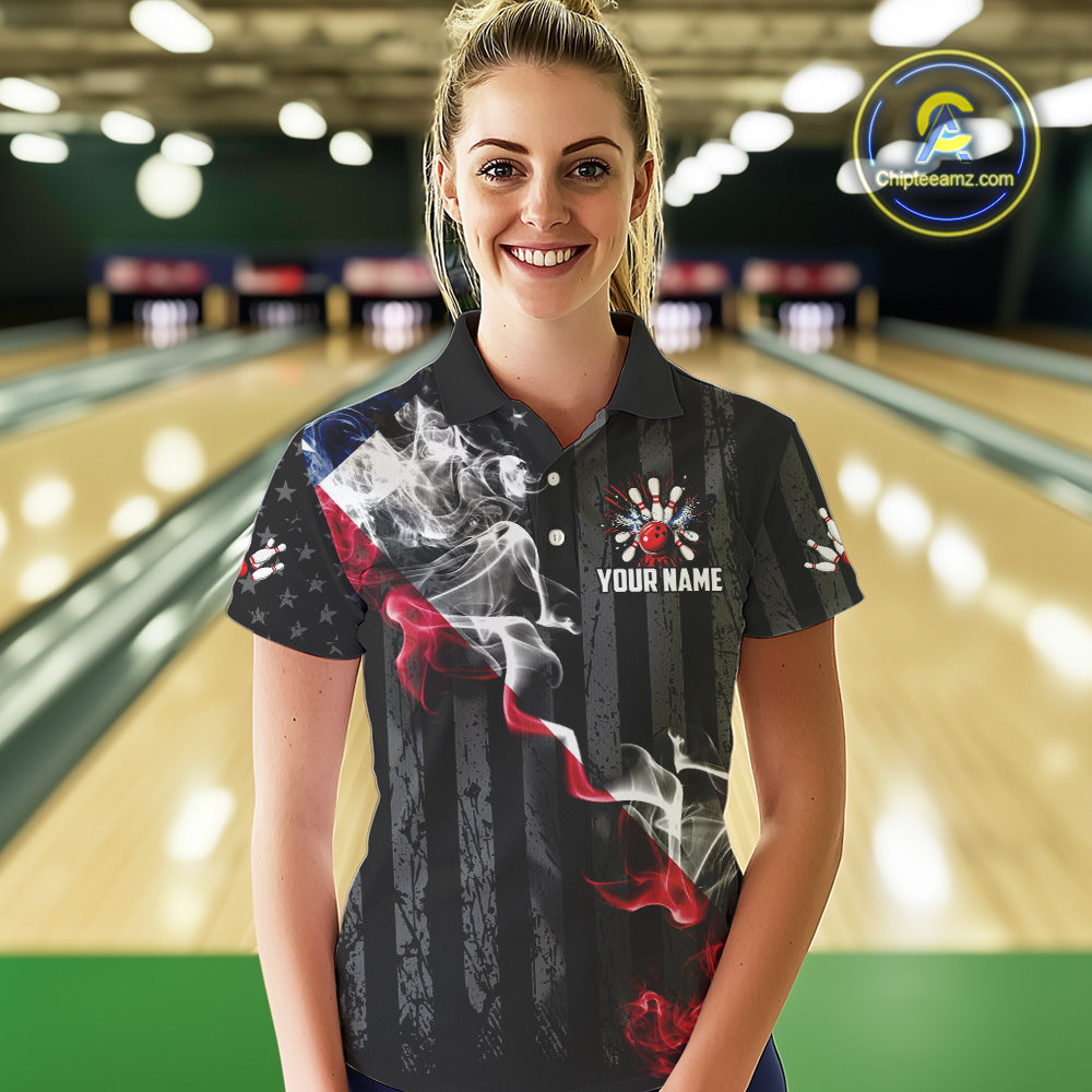 Black Texas flag smoke Women Bowling Polo, Quarter Zip shirt Custom Patriotic Team Bowling Jersey NQS10402