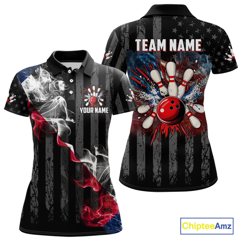 Black Texas flag smoke Women Bowling Polo, Quarter Zip shirt Custom Patriotic Team Bowling Jersey NQS10402