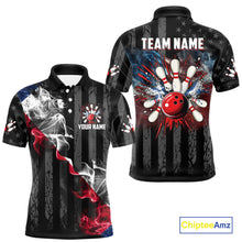 Load image into Gallery viewer, Black Texas flag smoke Men Bowling Polo, Quarter Zip shirt Custom Patriotic Team Bowling Jersey NQS10402