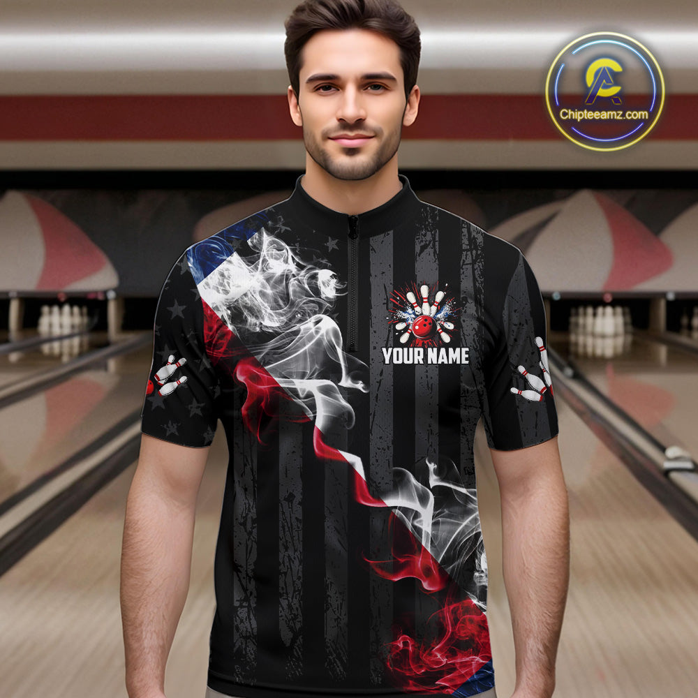 Black Texas flag smoke Men Bowling Polo, Quarter Zip shirt Custom Patriotic Team Bowling Jersey NQS10402