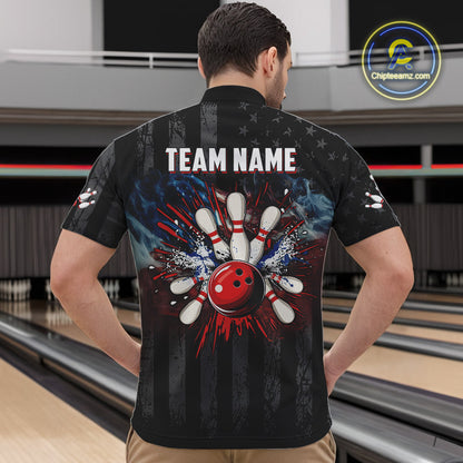 Black Texas flag smoke Men Bowling Polo, Quarter Zip shirt Custom Patriotic Team Bowling Jersey NQS10402