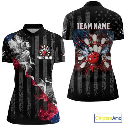 Black Texas flag smoke Women Bowling Polo, Quarter Zip shirt Custom Patriotic Team Bowling Jersey NQS10402