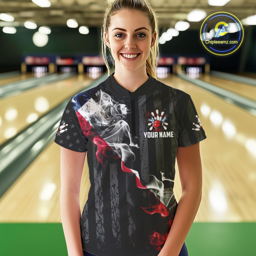Black Texas flag smoke Women Bowling Polo, Quarter Zip shirt Custom Patriotic Team Bowling Jersey NQS10402