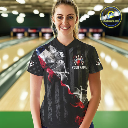 Black Texas flag smoke Women Bowling Polo, Quarter Zip shirt Custom Patriotic Team Bowling Jersey NQS10402