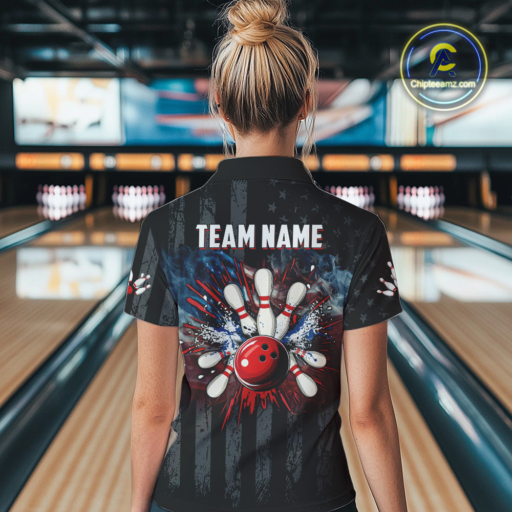 Black Texas flag smoke Women Bowling Polo, Quarter Zip shirt Custom Patriotic Team Bowling Jersey NQS10402