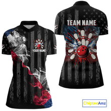 Load image into Gallery viewer, Black Texas flag smoke Women Bowling Polo, Quarter Zip shirt Custom Patriotic Team Bowling Jersey NQS10402