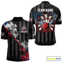 Load image into Gallery viewer, Black Texas flag smoke Men Bowling Polo, Quarter Zip shirt Custom Patriotic Team Bowling Jersey NQS10402