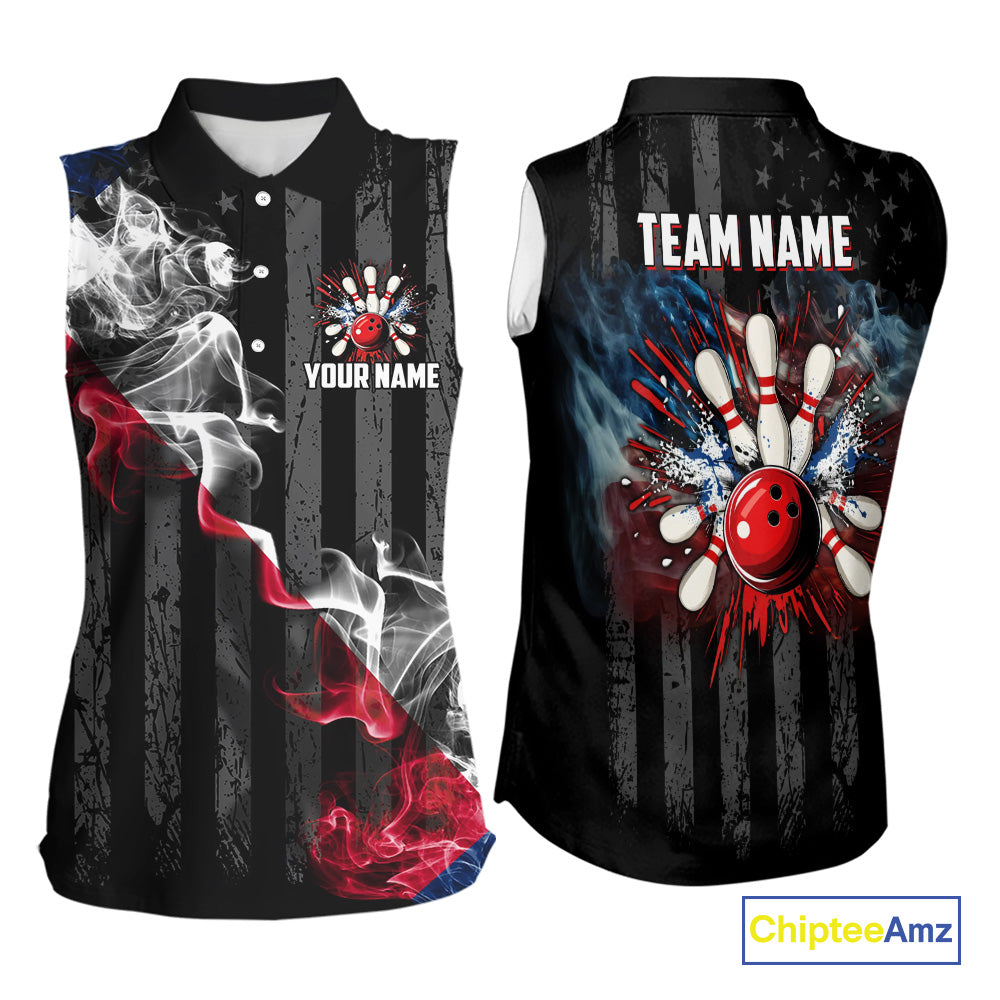 Black Texas flag smoke Bowling Sleeveless Polo Shirt Custom Patriotic Team Bowling Jersey NQS10402